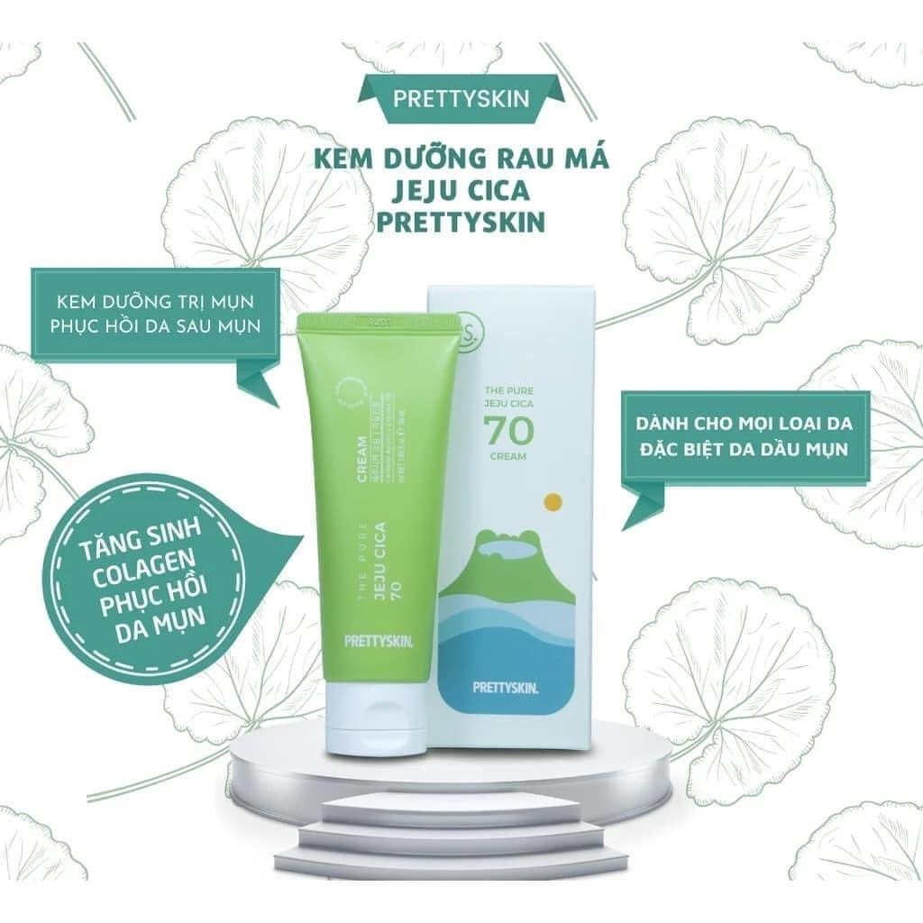 Kem dưỡng rau má PrettySkin The Pure Jeju Cica 70 Cream 50ml - làm dịu và lành da, hạn chế các vết thâm